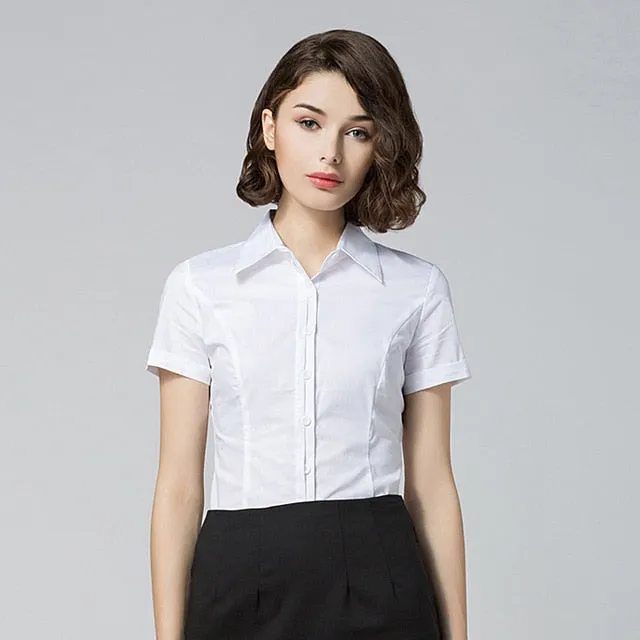 2020 Office Ladies Summer Short Sleeve White Shirt with Panties Turn-down Collar Work Blouse Women Cotton Chemisier Femme XXXL