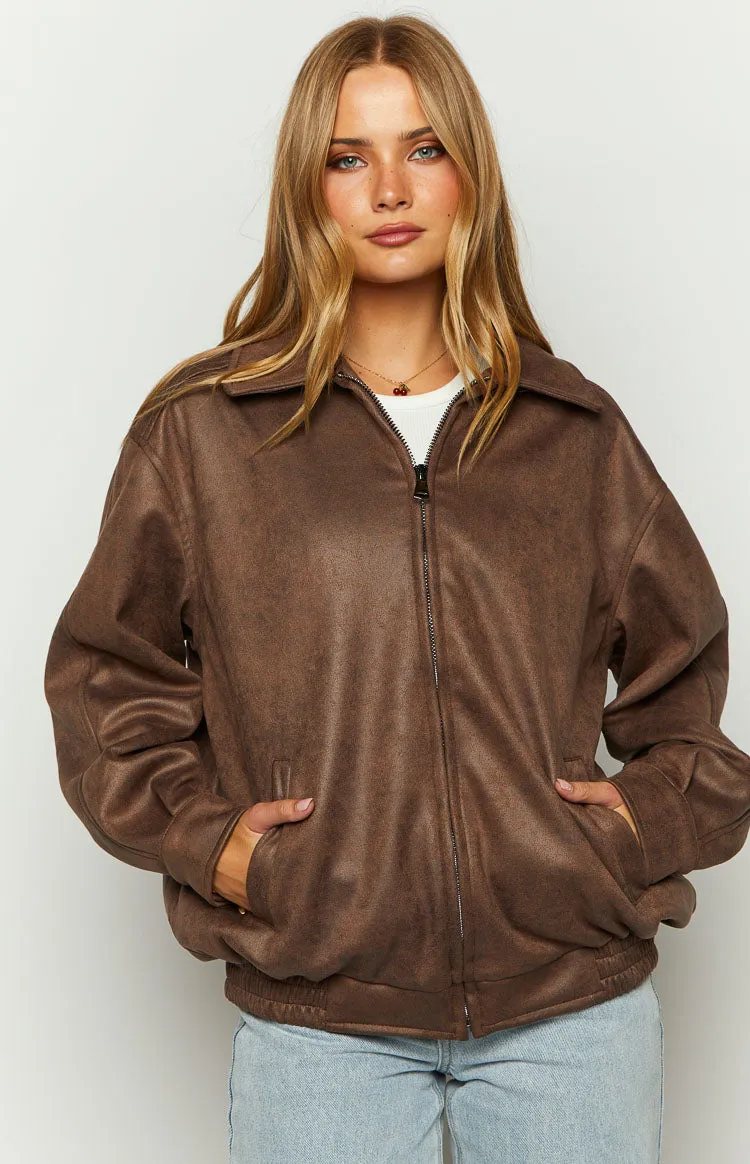 Abbi Brown Faux Suede Bomber Jacket