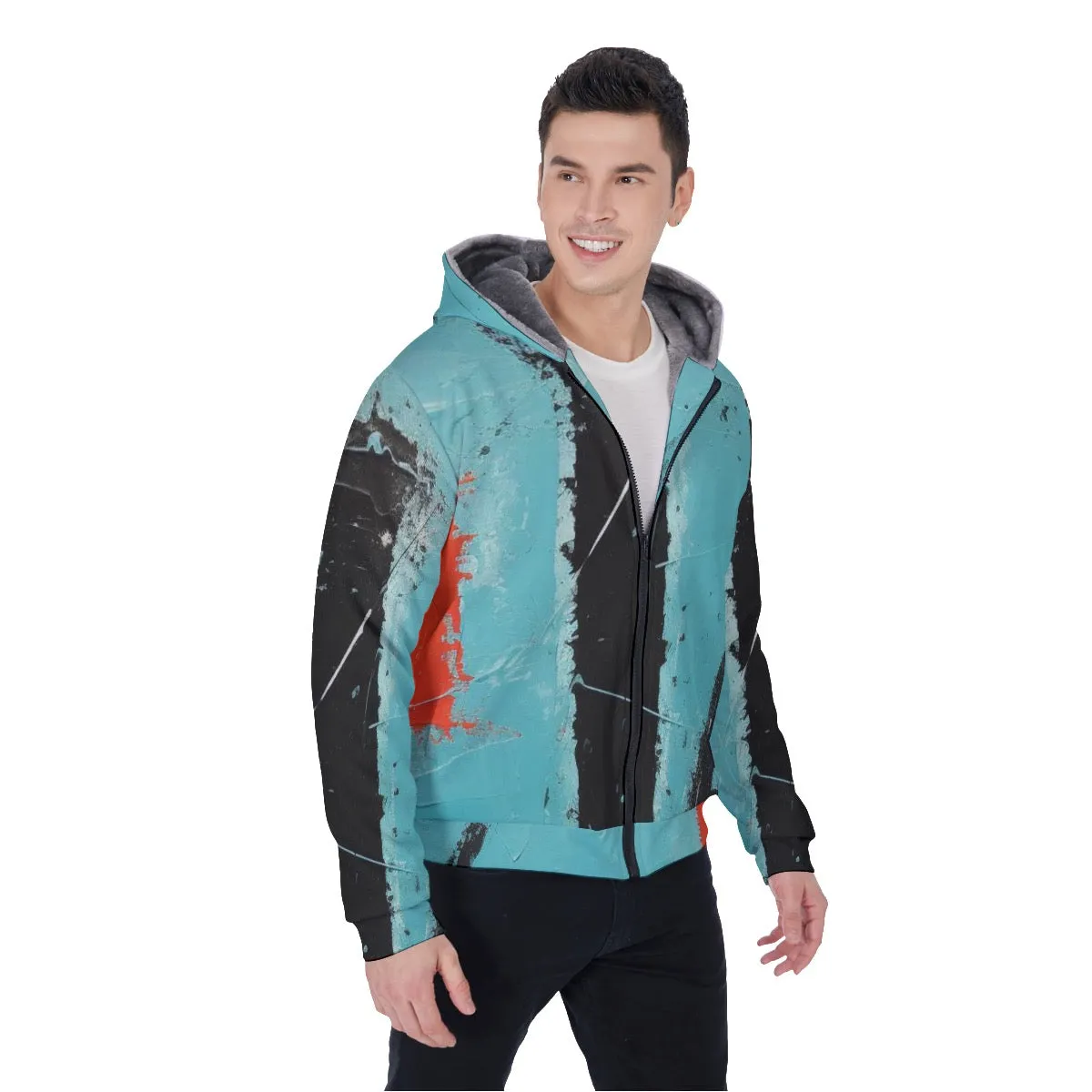 All-Over Print Men's Sherpa Fleece Zip Up Hoodie, blue, black, red, abstract, print, #25R