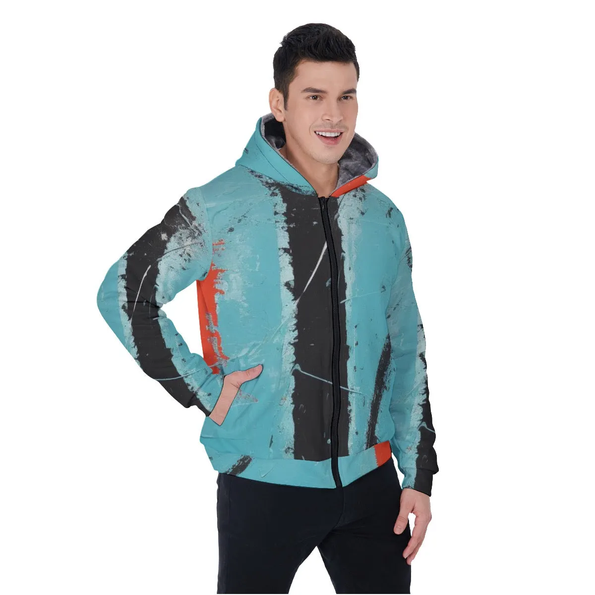 All-Over Print Men's Sherpa Fleece Zip Up Hoodie, blue, black, red, abstract, print, #25R