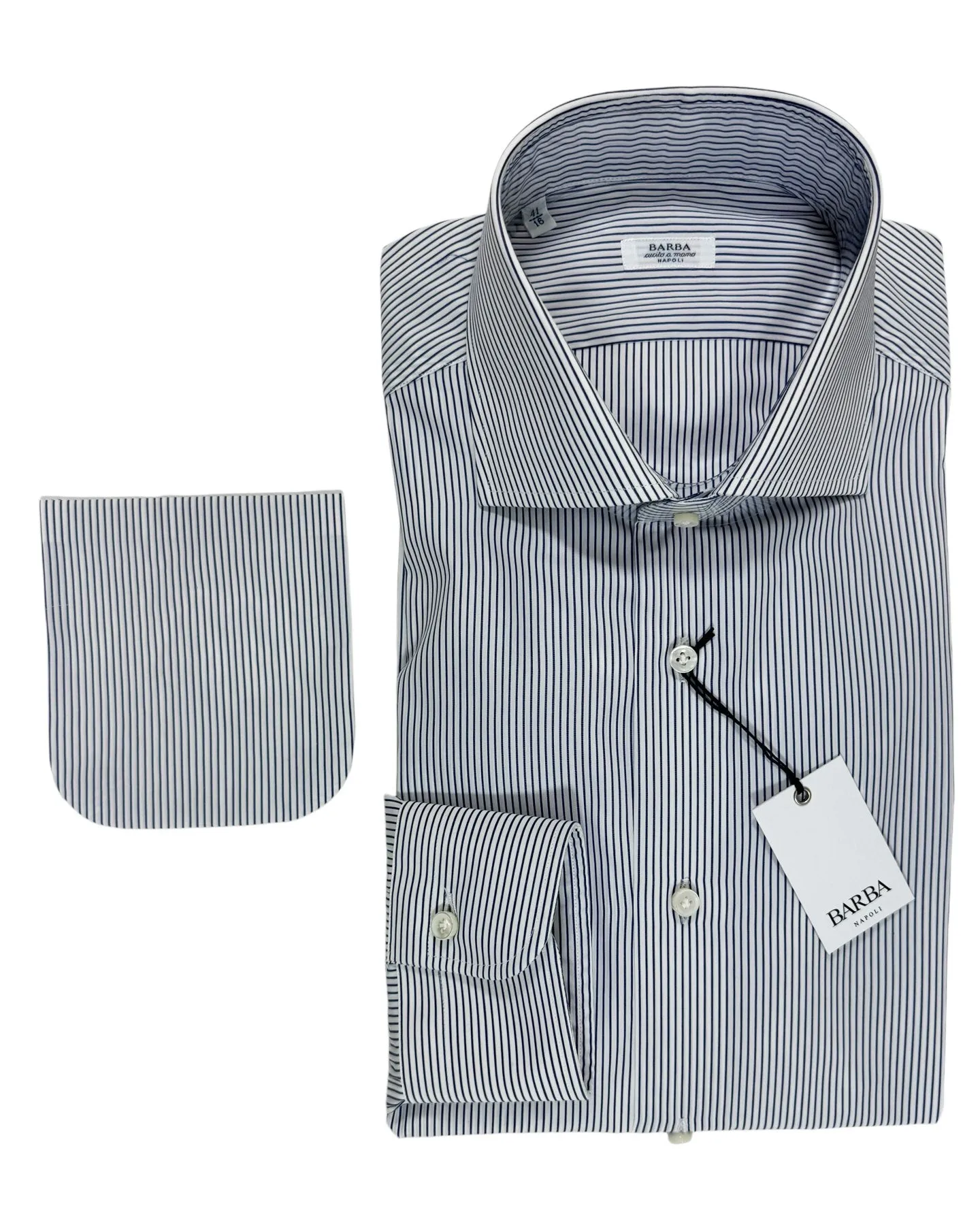 Barba Dress Shirt White Navy Stripes 44 - 17 1/2 Modern Fit