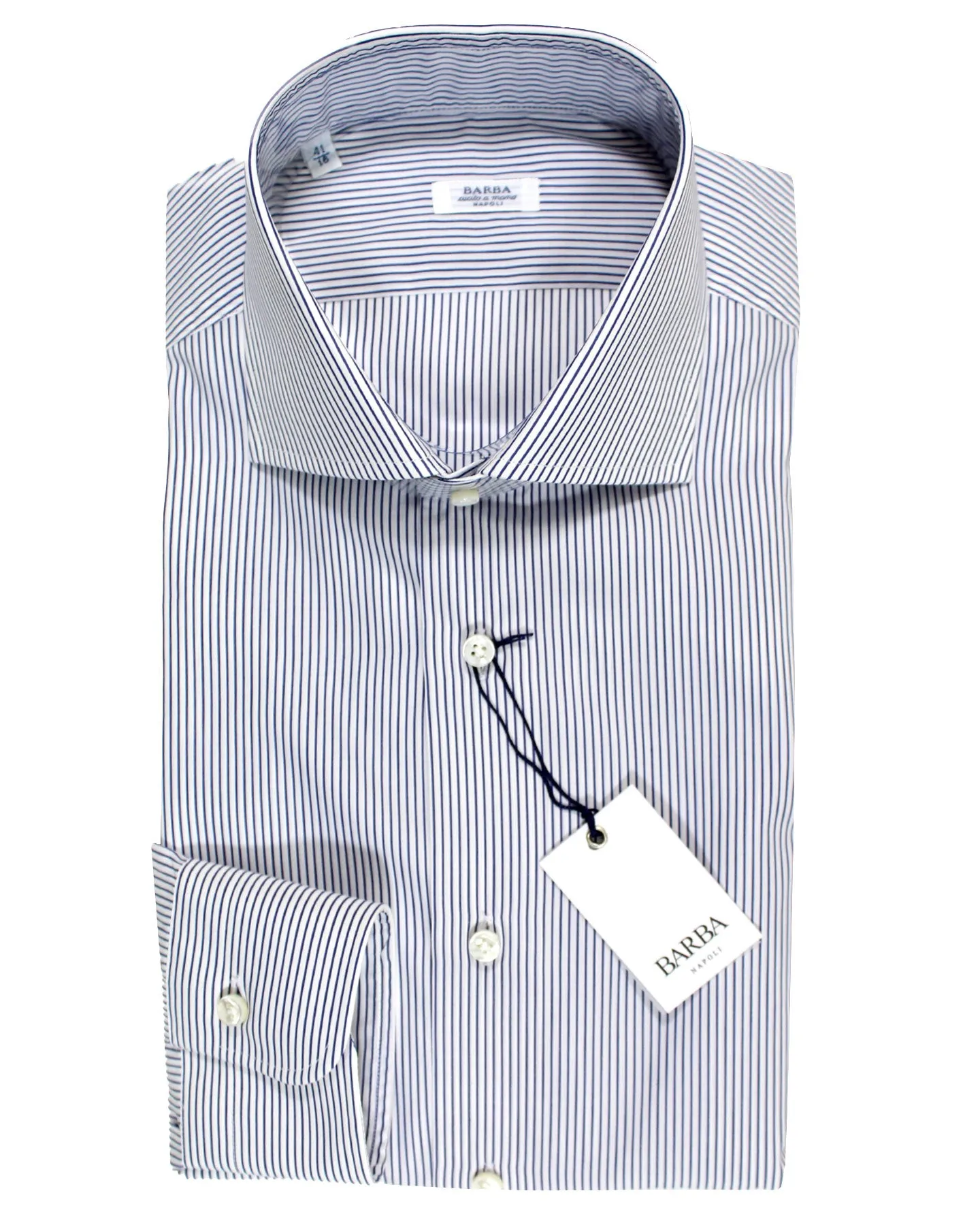 Barba Dress Shirt White Navy Stripes 46 - 18 1/2 Modern Fit