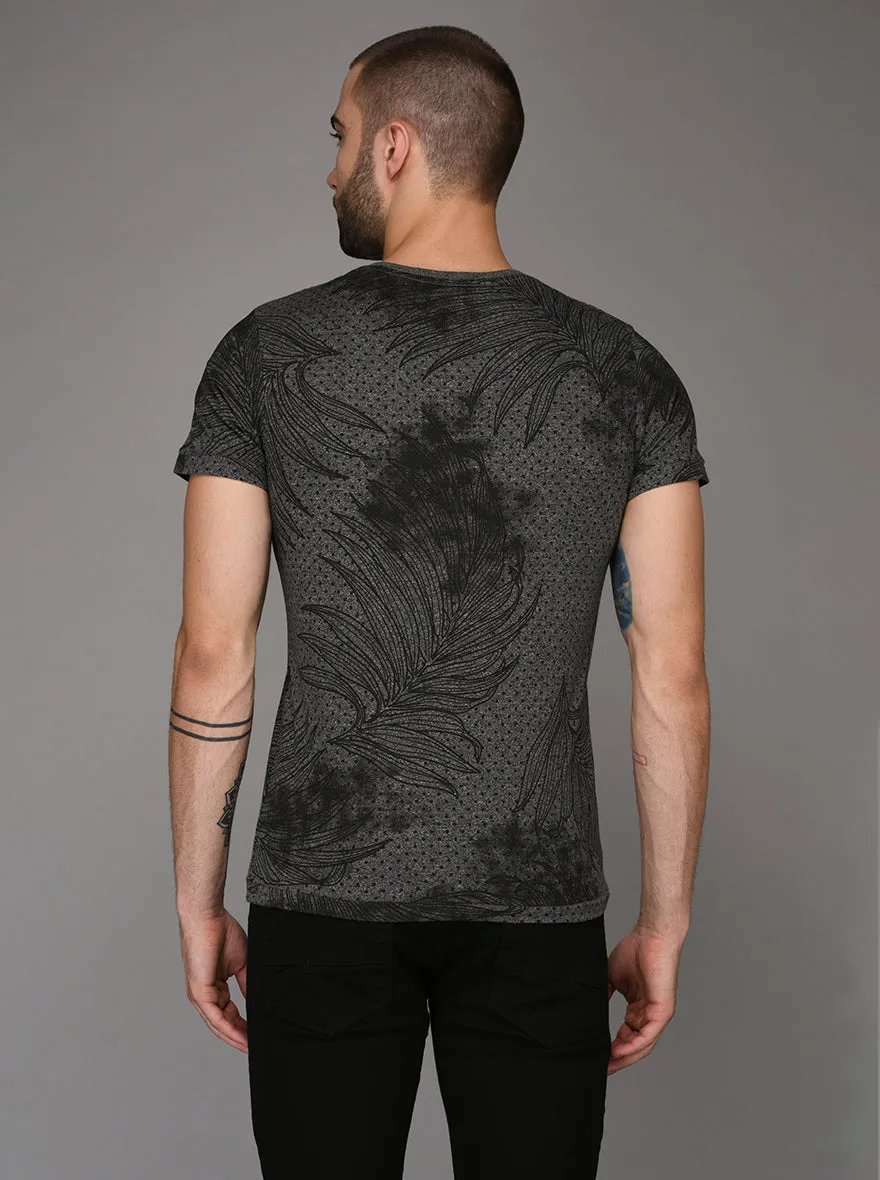 Black & Grey Printed Slim Fit V Neck T-Shirt | JadeBlue