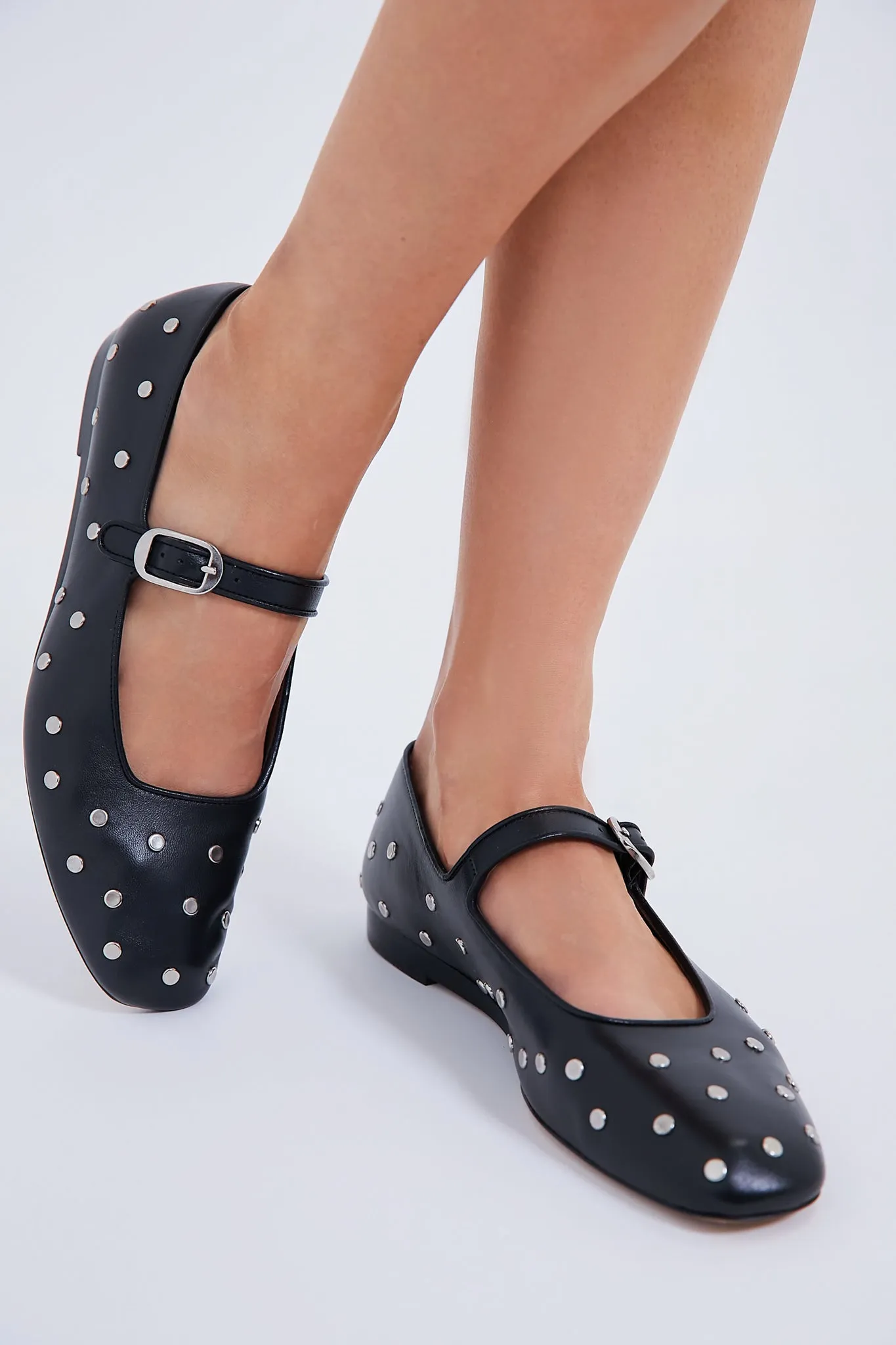 Black Classic Studded Leather Mary Janes