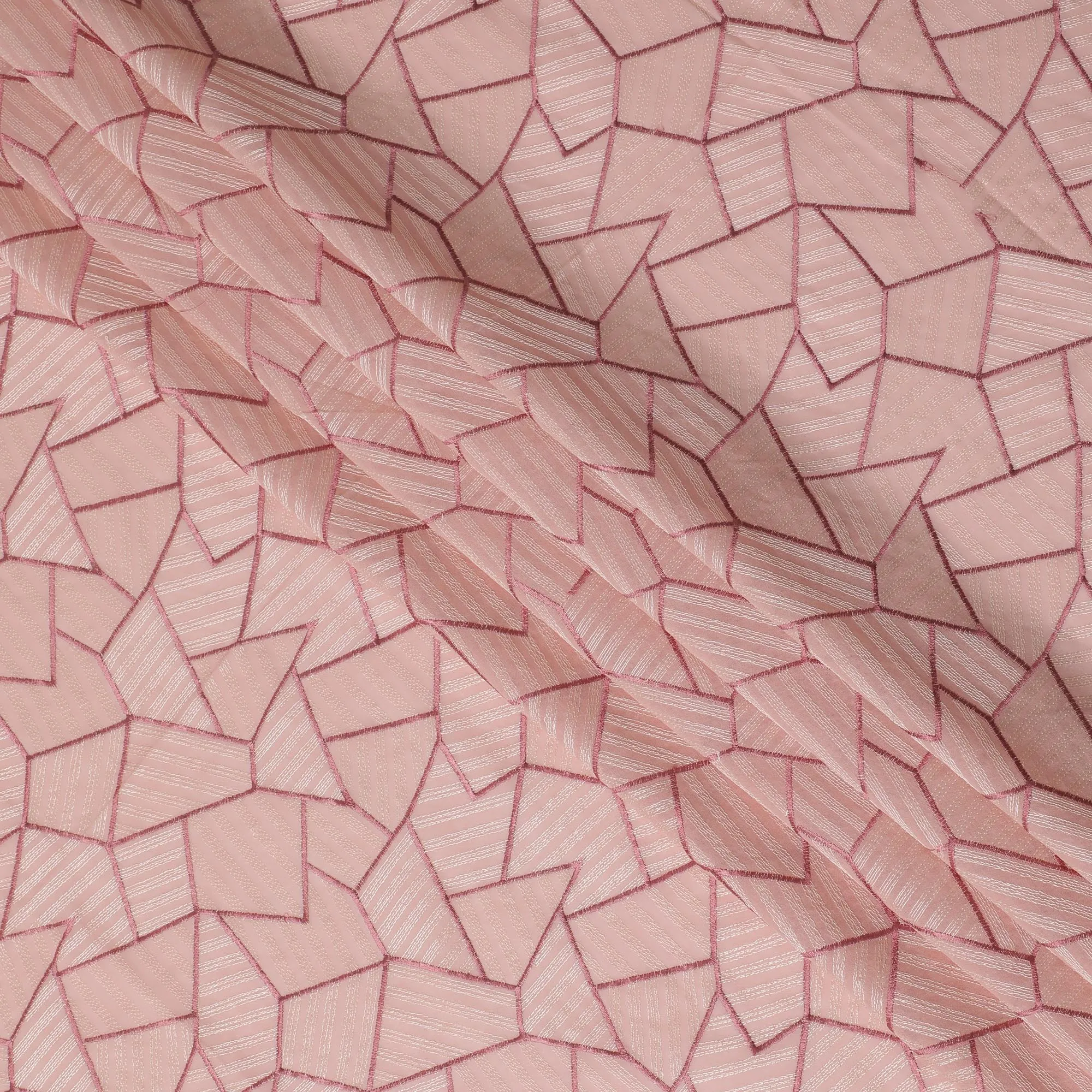 Blush Pink Cotton Voile Fabric with Geometric Embroidery, 110 cm Width-D20109