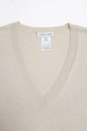 CELINE BEIGE PURE COTTON V NECK KNIT