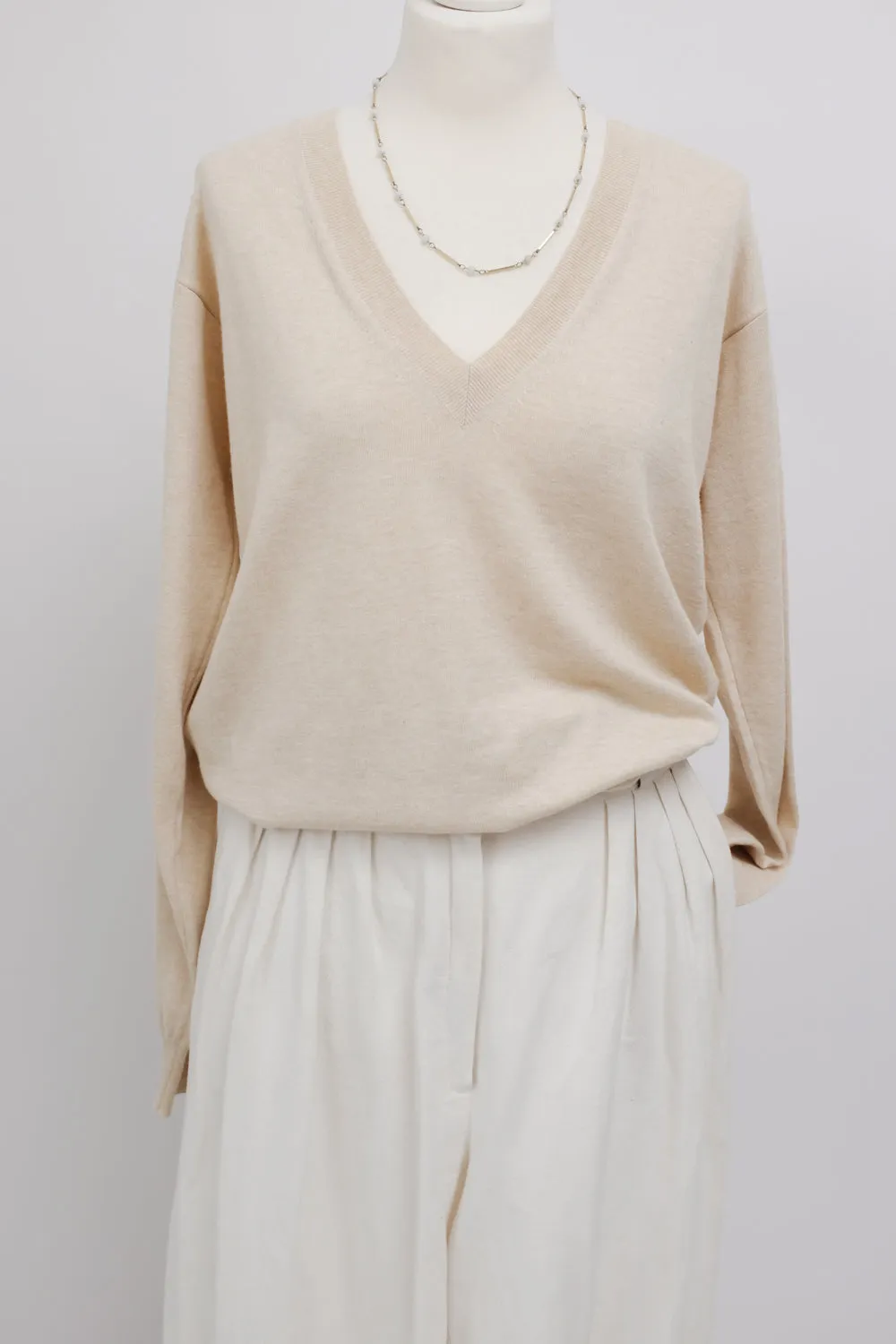 CELINE BEIGE PURE COTTON V NECK KNIT