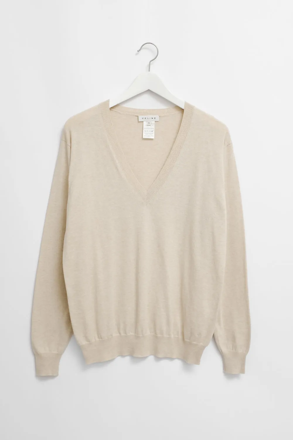 CELINE BEIGE PURE COTTON V NECK KNIT