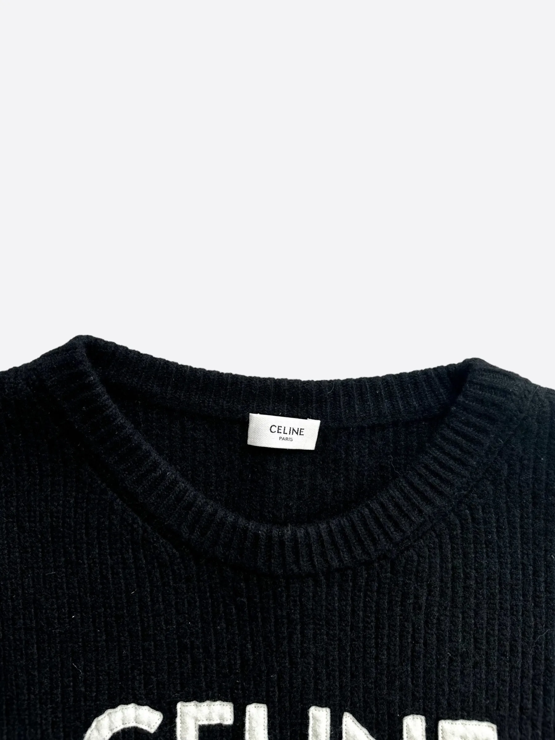 Celine Black & White Logo Ribbed Wool Sweater