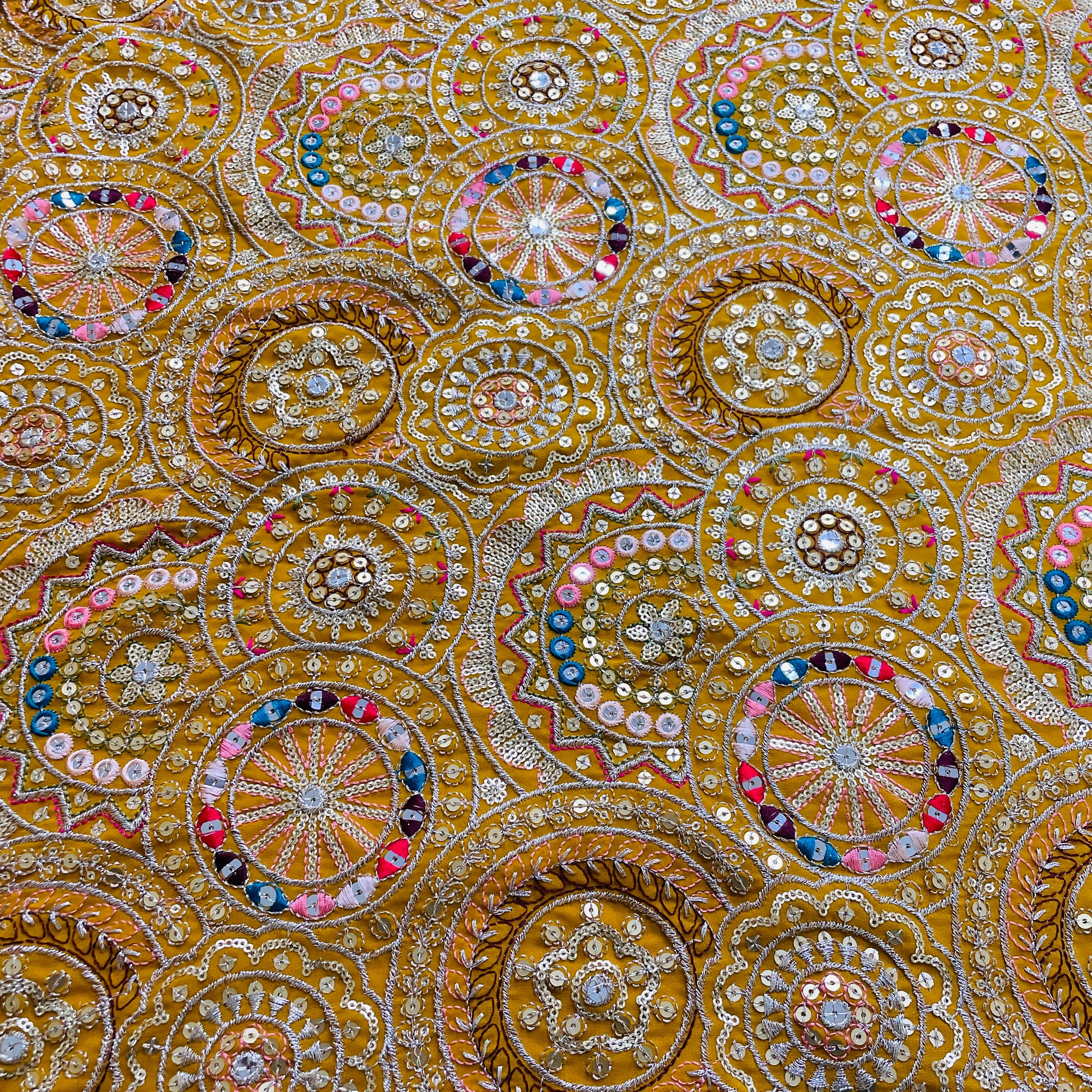 Classic Mustard Zari Sequins Embroidery Georgette Fabric