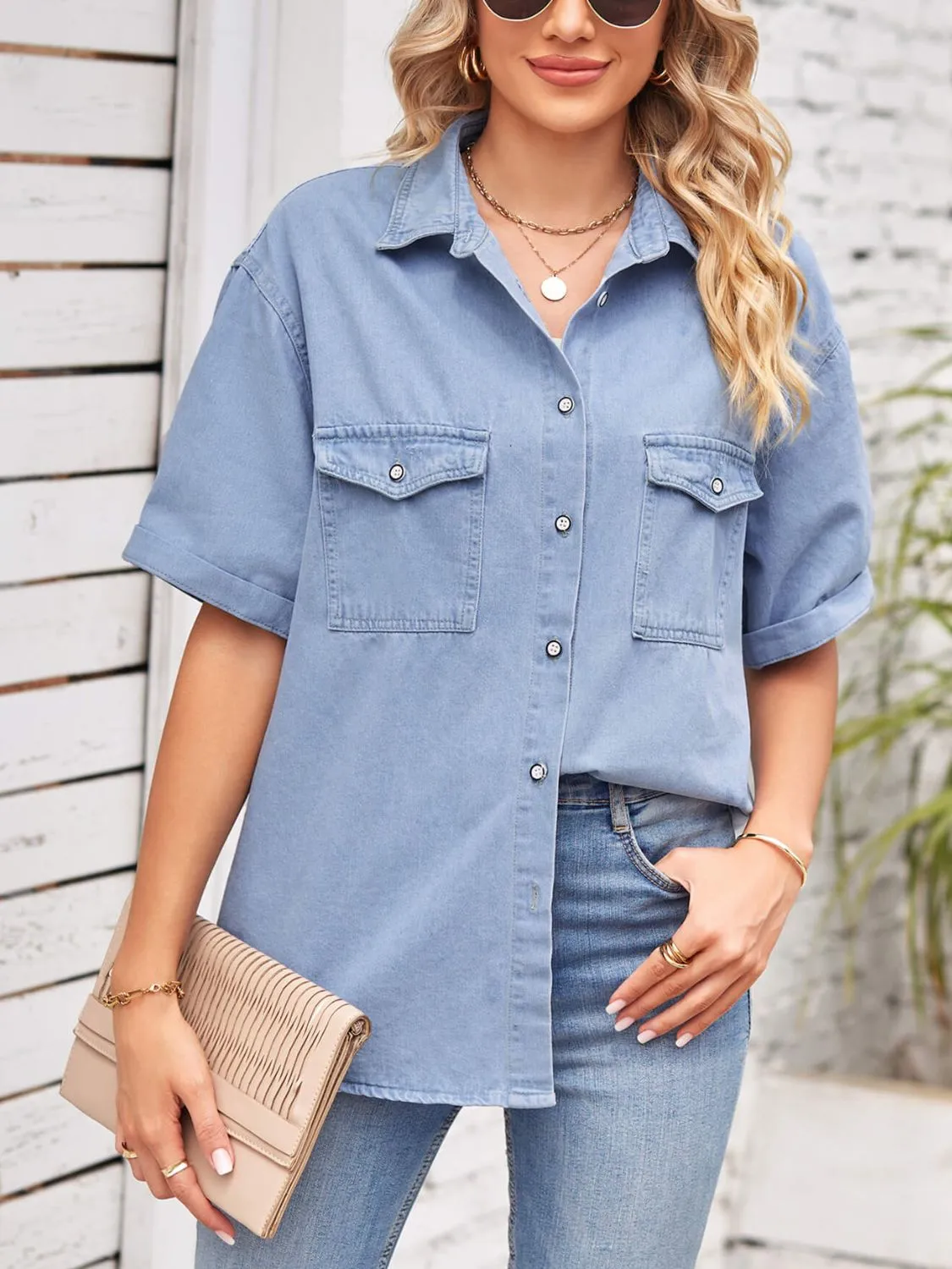 Collared Neck Short Sleeve Denim Jacket