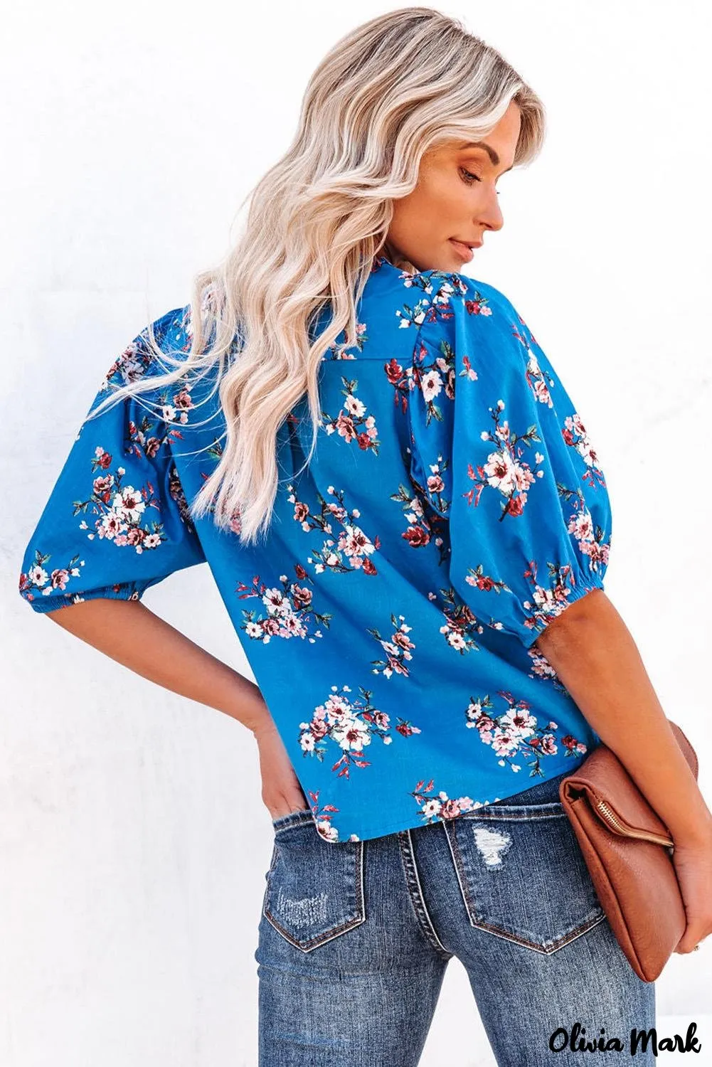 Deanwangkt - Blue Floral Print Button Up Puff Sleeve Blouse