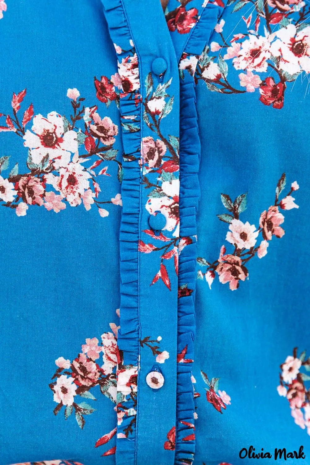 Deanwangkt - Blue Floral Print Button Up Puff Sleeve Blouse