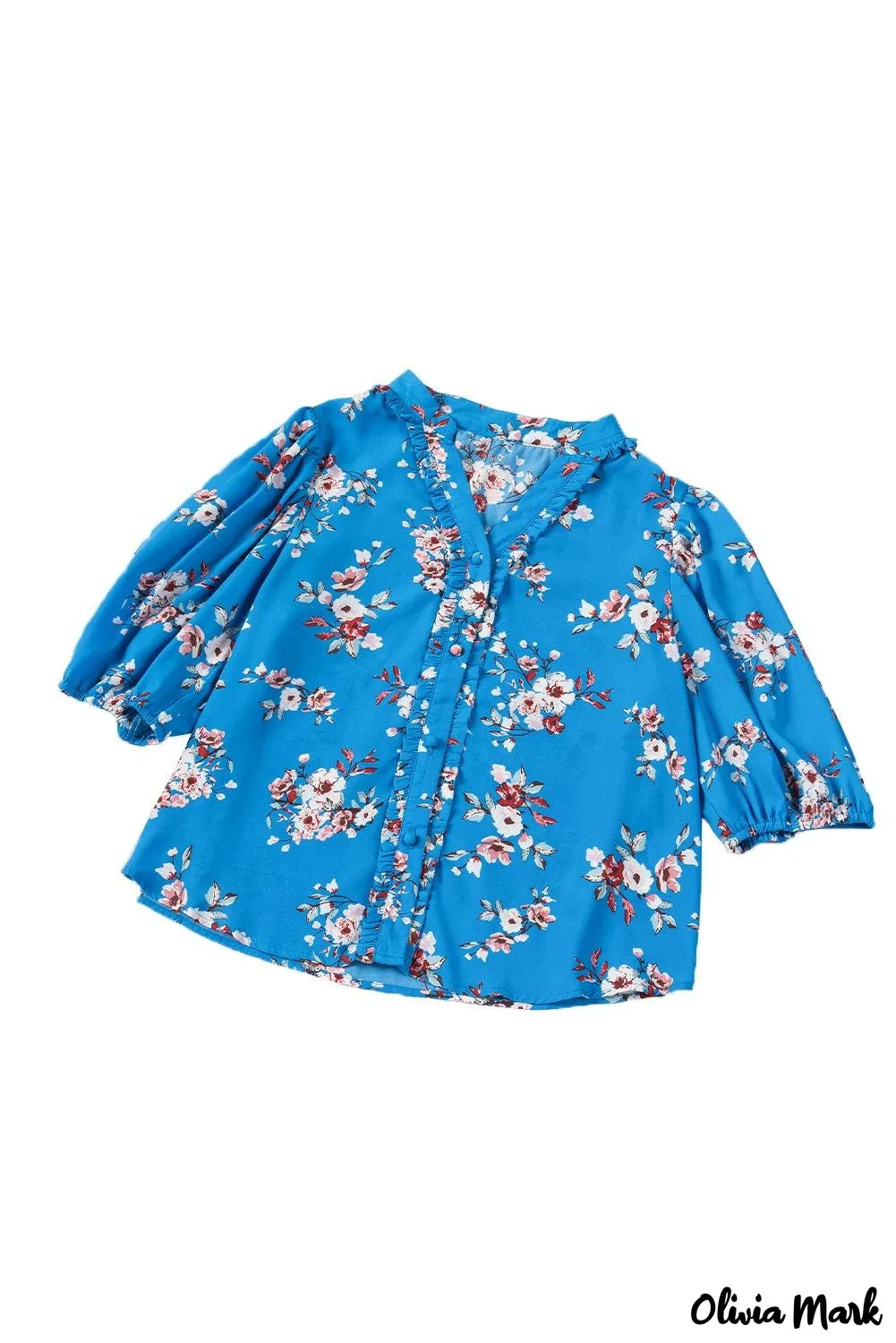 Deanwangkt - Blue Floral Print Button Up Puff Sleeve Blouse