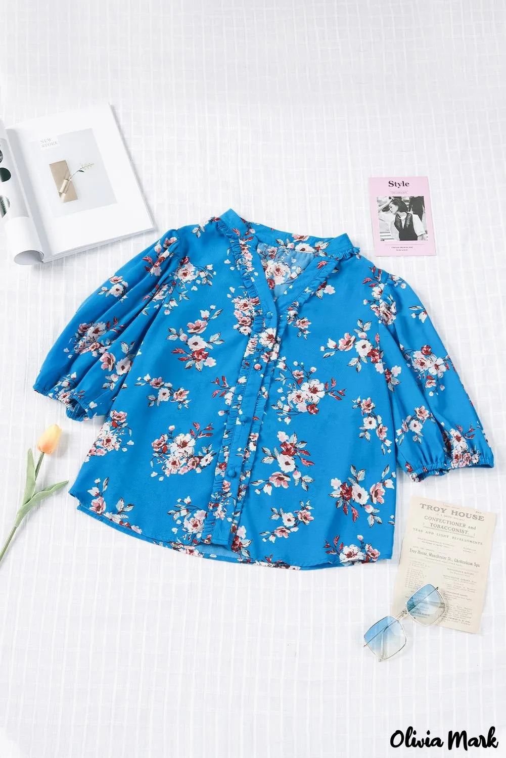 Deanwangkt - Blue Floral Print Button Up Puff Sleeve Blouse