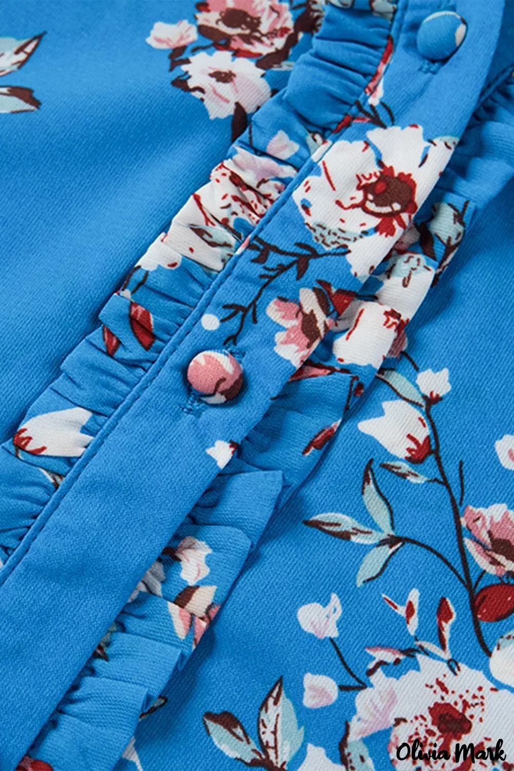 Deanwangkt - Blue Floral Print Button Up Puff Sleeve Blouse