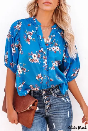 Deanwangkt - Blue Floral Print Button Up Puff Sleeve Blouse