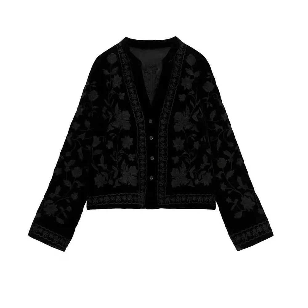 Embroidery Velvet Black Jacket Vintage Chic V-Neck Short Outwears Female Single Breasted 04786337800