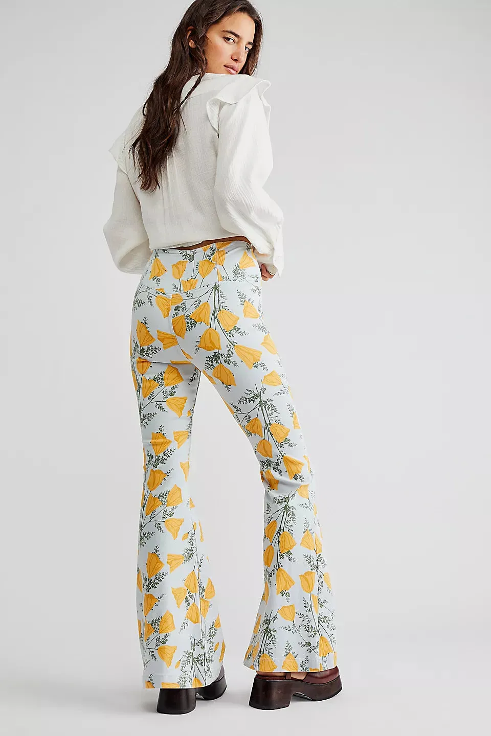 Free People Venice Beach Printed Flare Jeans in Sky Combo Cali Poppies