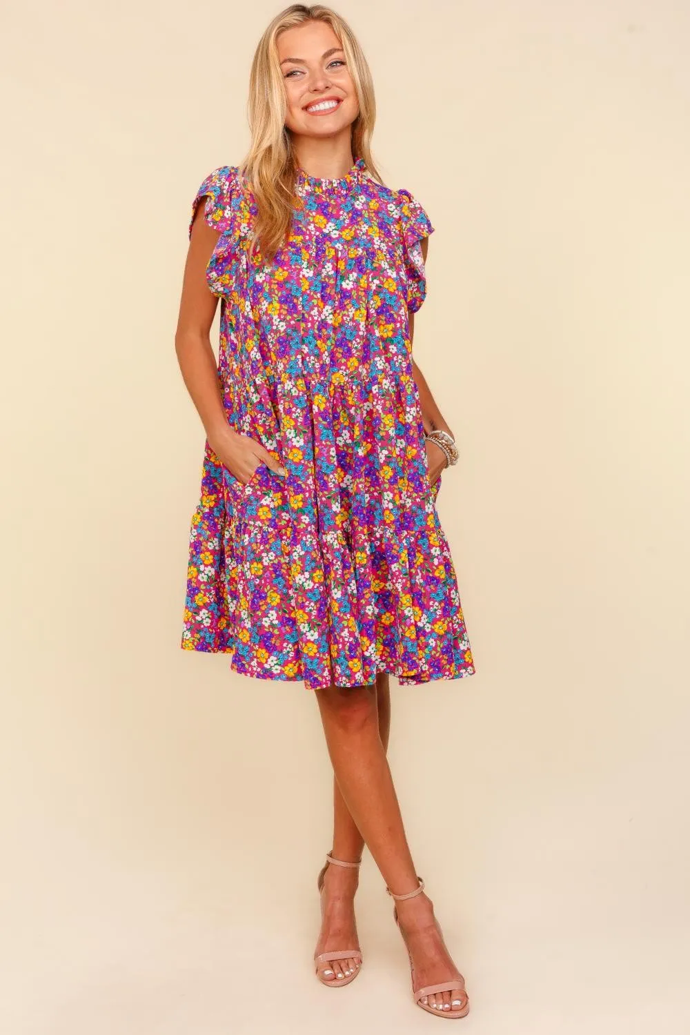 Frilled Mock Neck Ditsy Floral Dress