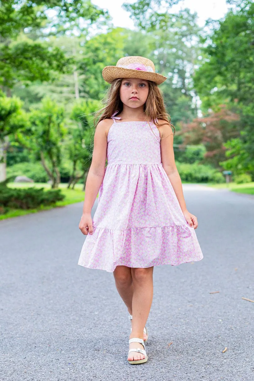 Girls Pink Daisy Cotton Print Shoulder Tie Dress, Sizes 2-14