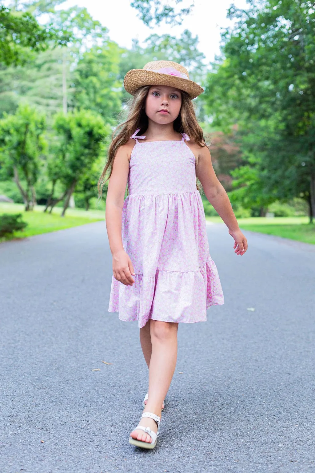 Girls Pink Daisy Cotton Print Shoulder Tie Dress, Sizes 2-14