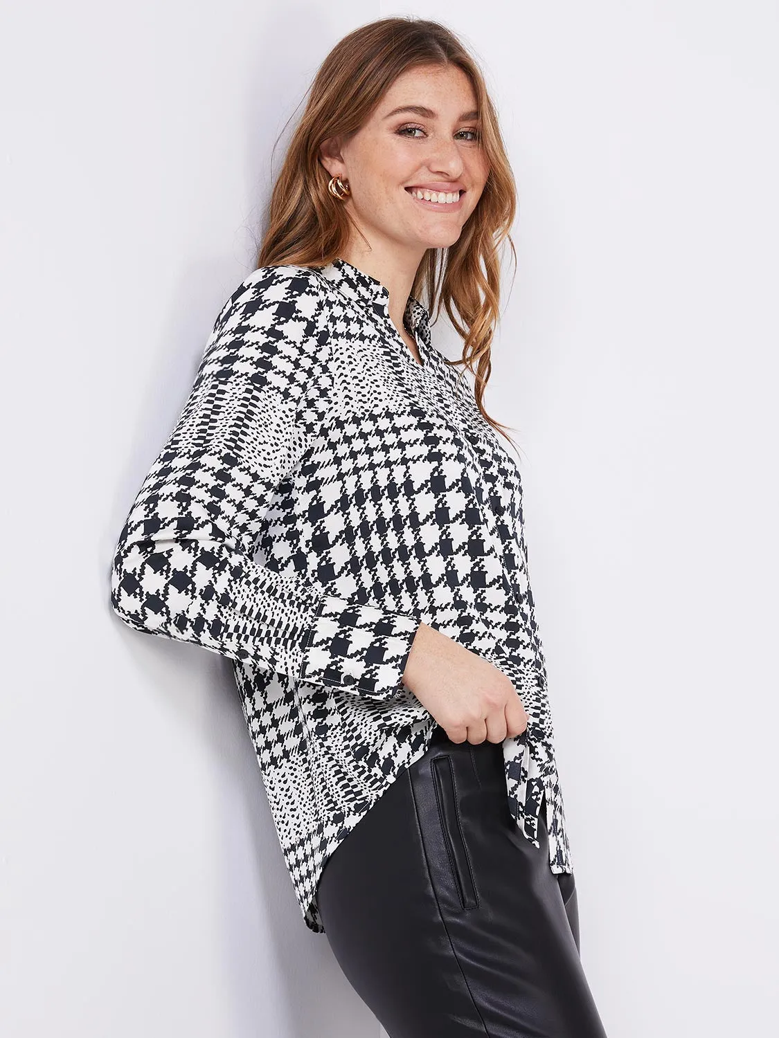 Houndstooth Satin Split Neck Button-Front Blouse