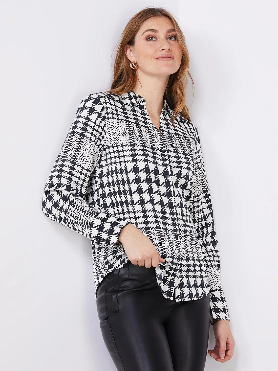 Houndstooth Satin Split Neck Button-Front Blouse