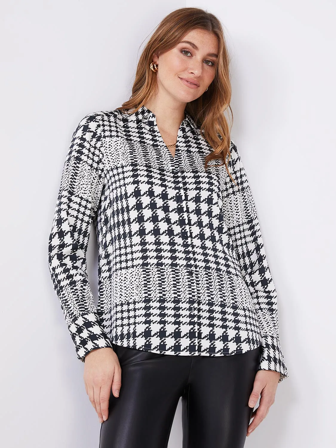 Houndstooth Satin Split Neck Button-Front Blouse