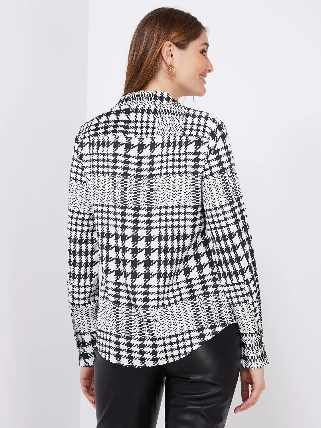 Houndstooth Satin Split Neck Button-Front Blouse