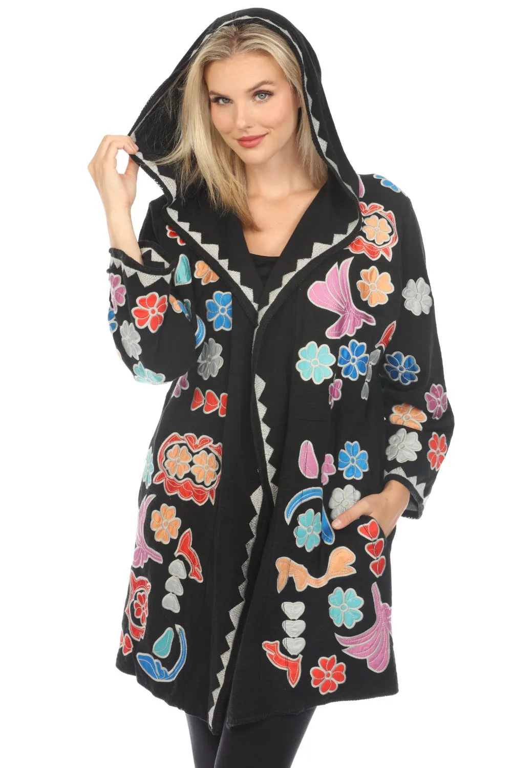 Johnny Was Biya Black Daisy Appliqué Hooded Cardigan Sweater Boho Chic B55724