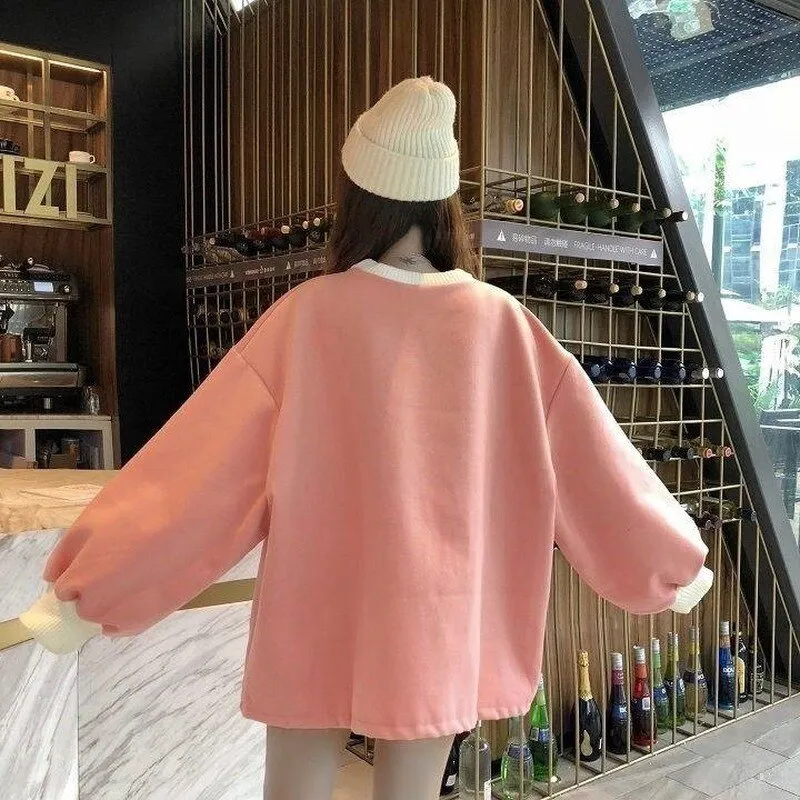 Joskaa Christmas Gift Hoodies Women Pink Hoodie O-neck Solid All Match Womens Pullover Harajuku Clothes Females Thick Comfortable Daily Casual Tops