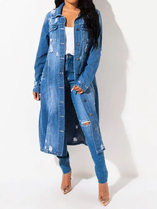 Long Sleeve Raw Hem Denim Duster Jacket