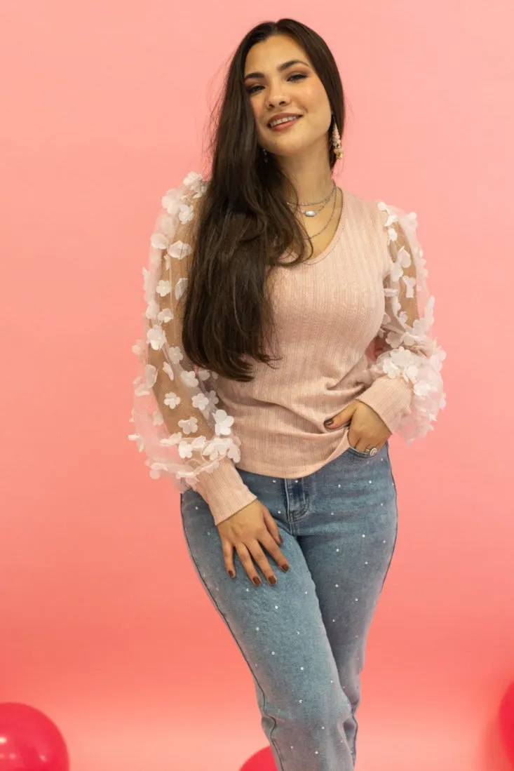 Love Blooms Pink Mesh Sleeve Top