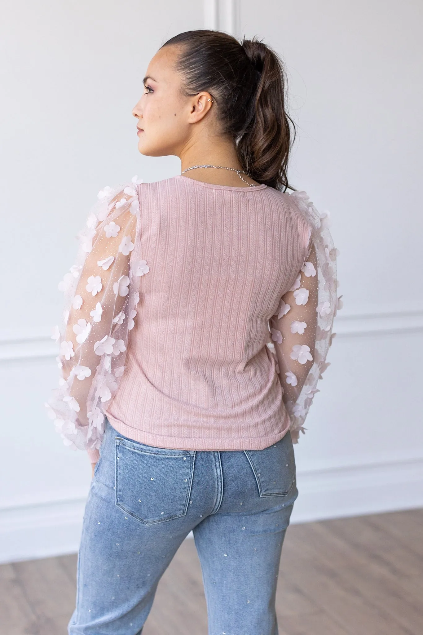 Love Blooms Pink Mesh Sleeve Top