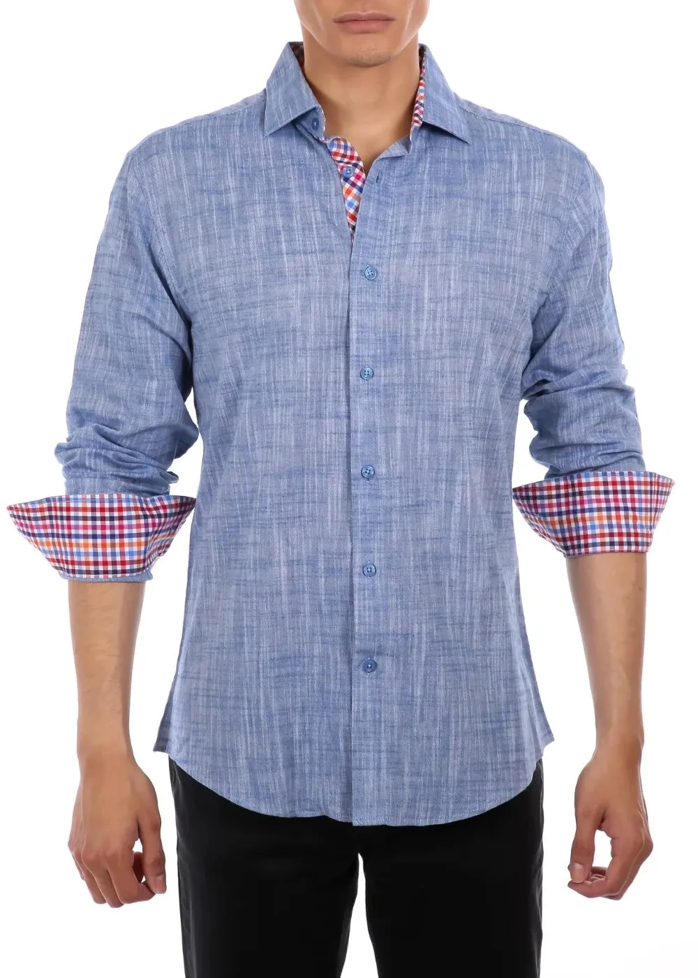 Men's Blue Solid Linen Long Sleeve Shirt Modern-FIT Style No-202238