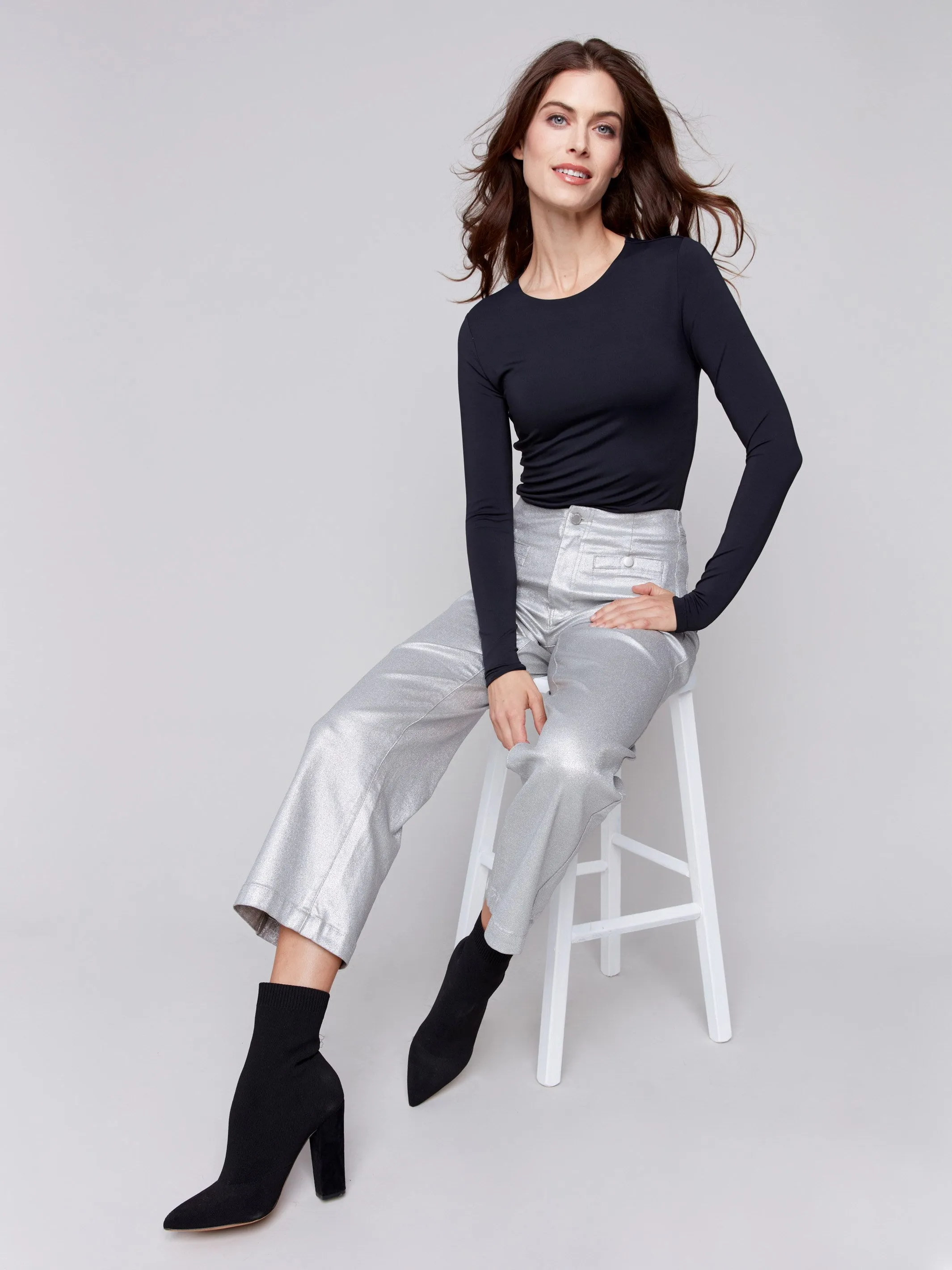 Metallic Wax Flared Pants - Silver