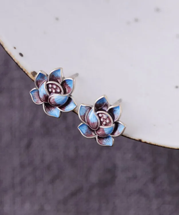 Modern Blue Lotus Sterling Silver Cloisonne Stud Earrings