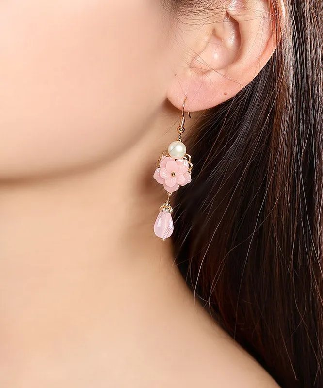 Modern Pink Overgild Jade Pearl Synthetic Flower Drop Earrings LY2292