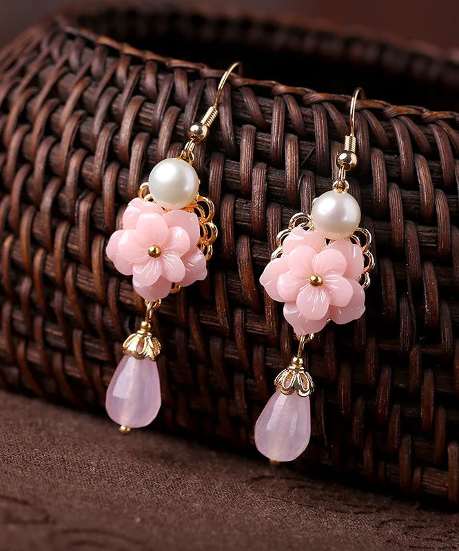 Modern Pink Overgild Jade Pearl Synthetic Flower Drop Earrings LY2292