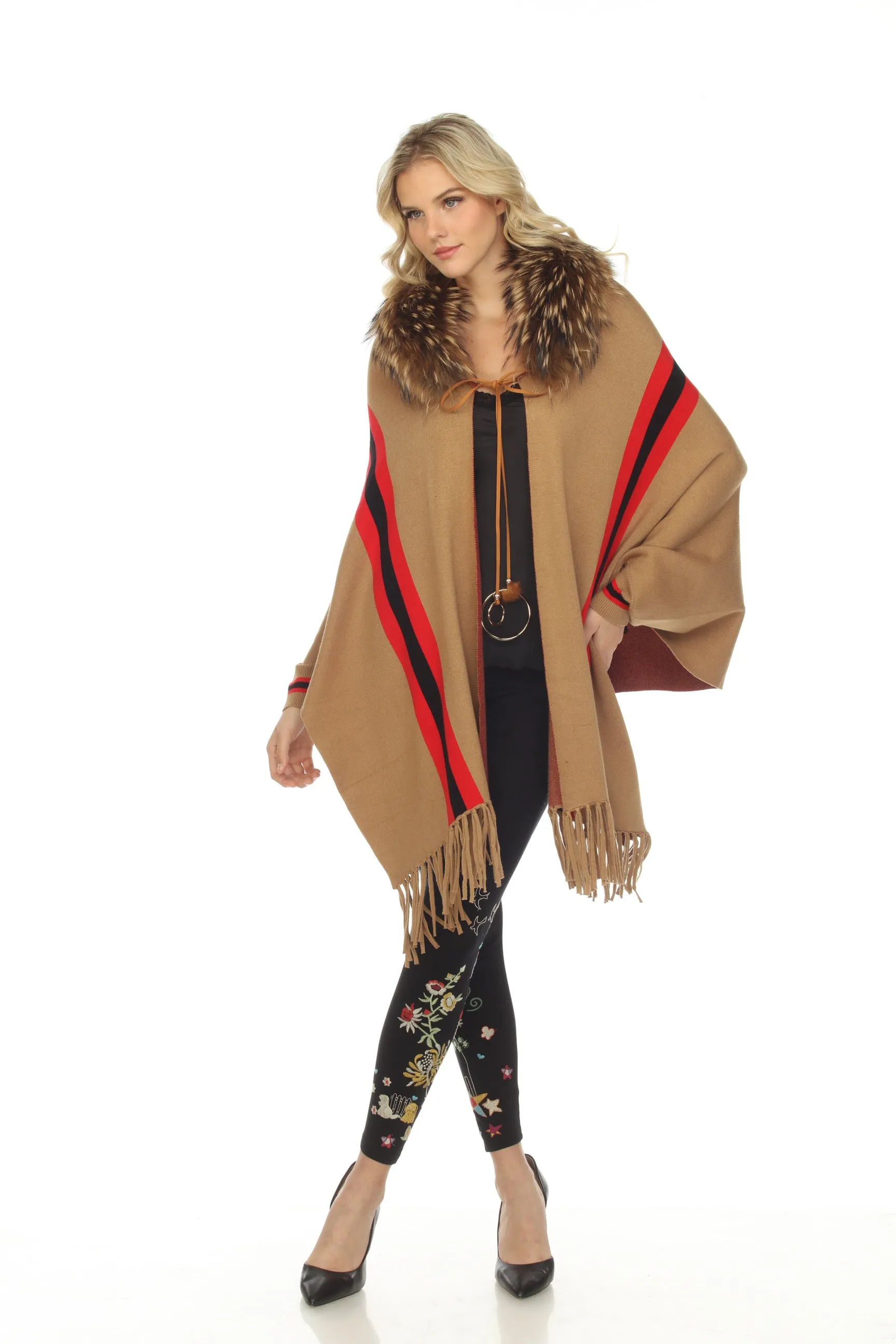 OO LA LA Camel Sport Stripe Fox Collar Cape Boho Chic M5100