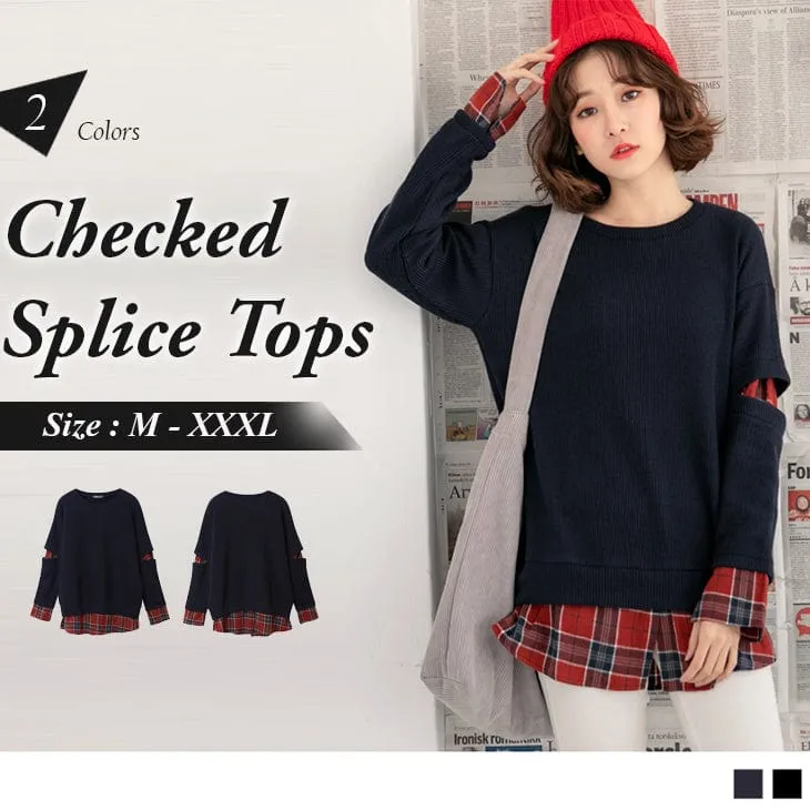 ORANGEBEAR LONG SLEEVE CHECKED SPLICE TOPS