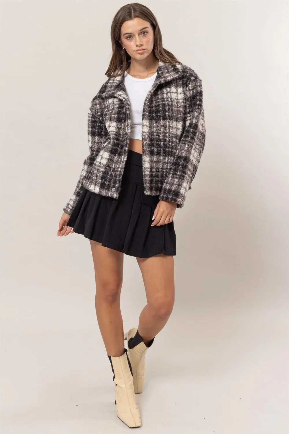 Plaid Collared Neck Boucle Jacket with Pockets