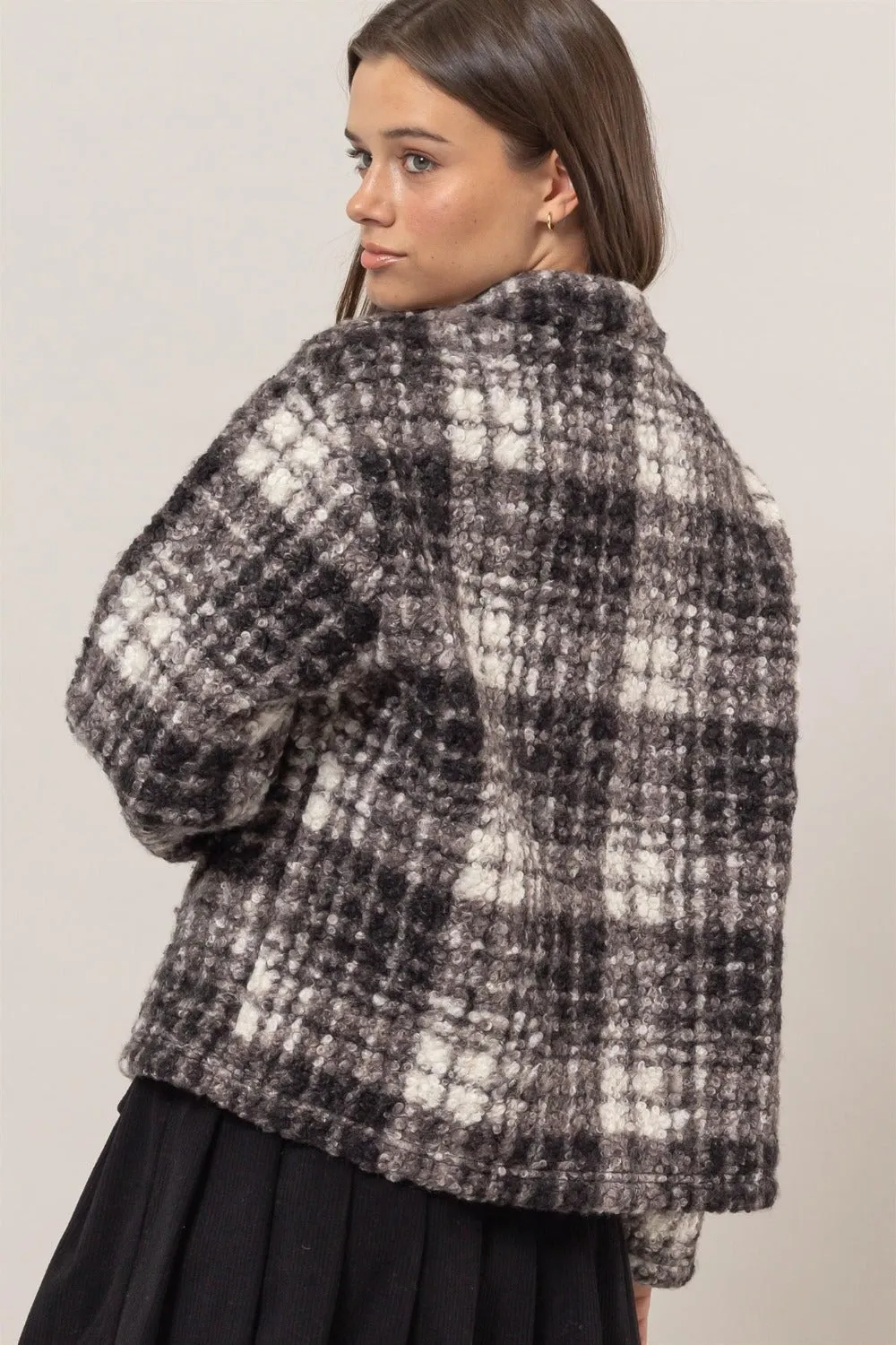 Plaid Collared Neck Boucle Jacket with Pockets