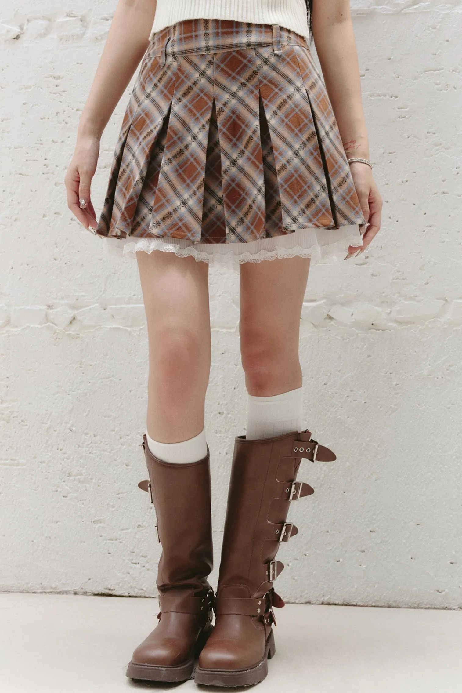 Plaid Lace Trim Mini Skirt