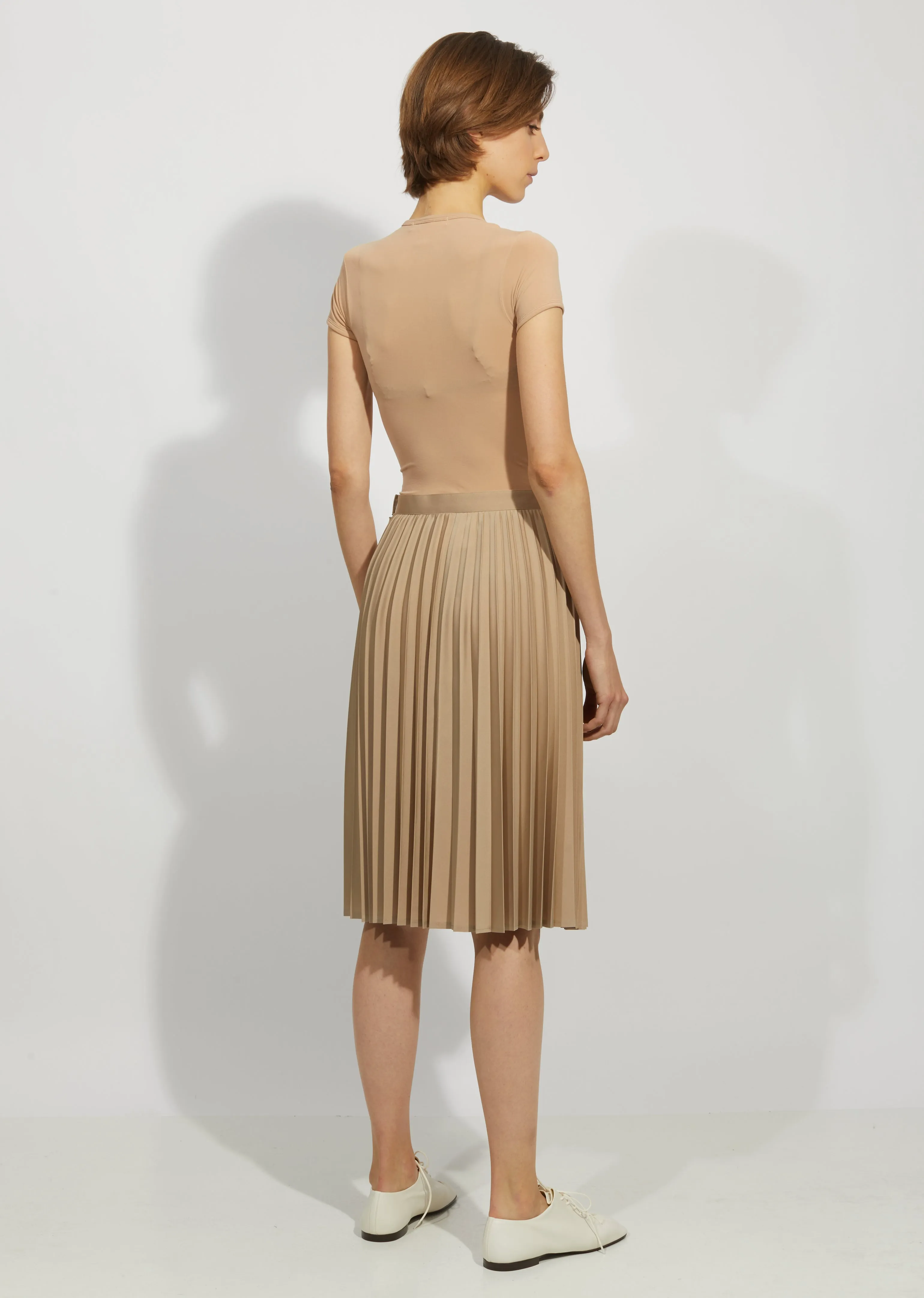 Pleated Polyester Cupro Chambray Twill Skirt