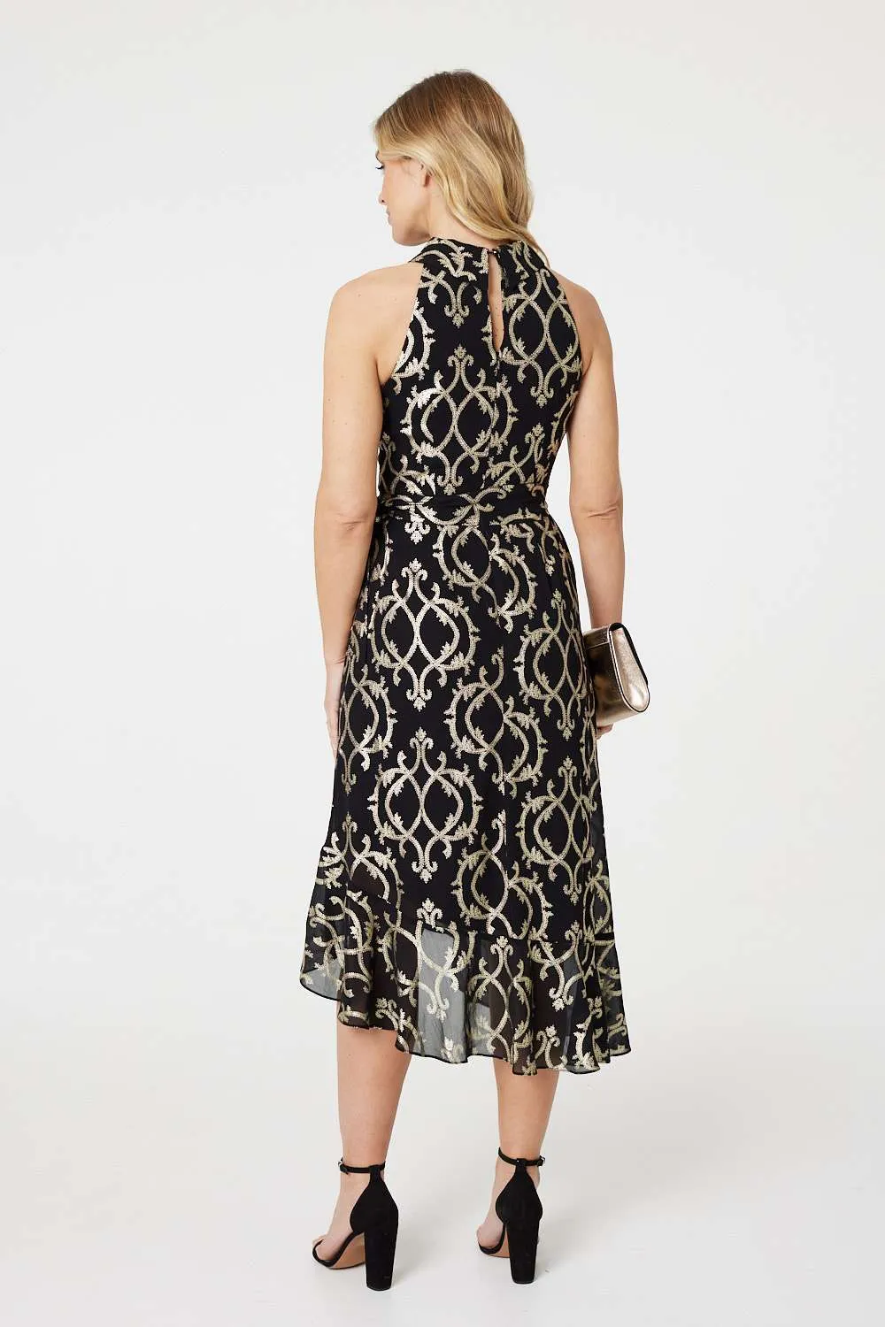 Printed High Low Halter-Neck Midi Dress