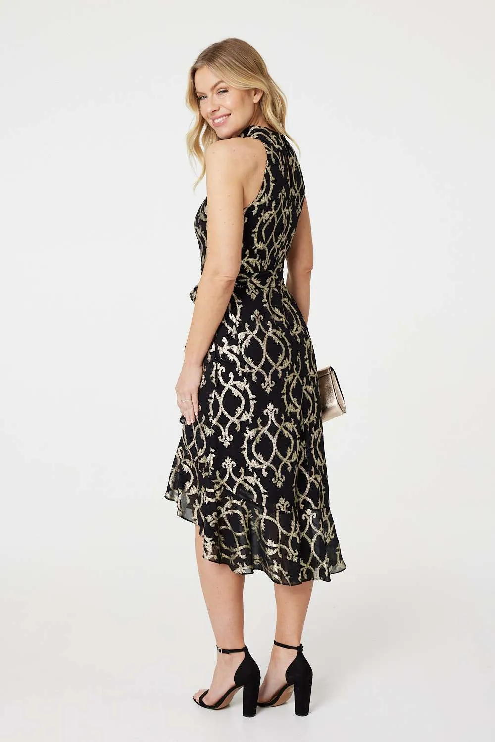 Printed High Low Halter-Neck Midi Dress