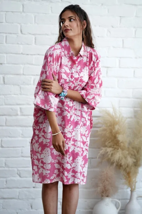 Rosella In Pink Hand Block Printed Oversize Shirt