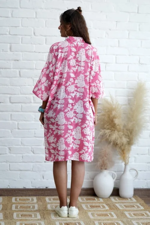 Rosella In Pink Hand Block Printed Oversize Shirt